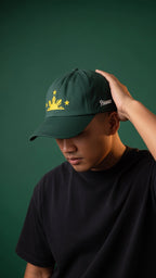 SUN & THREE STARS + SCRIPT on green hat