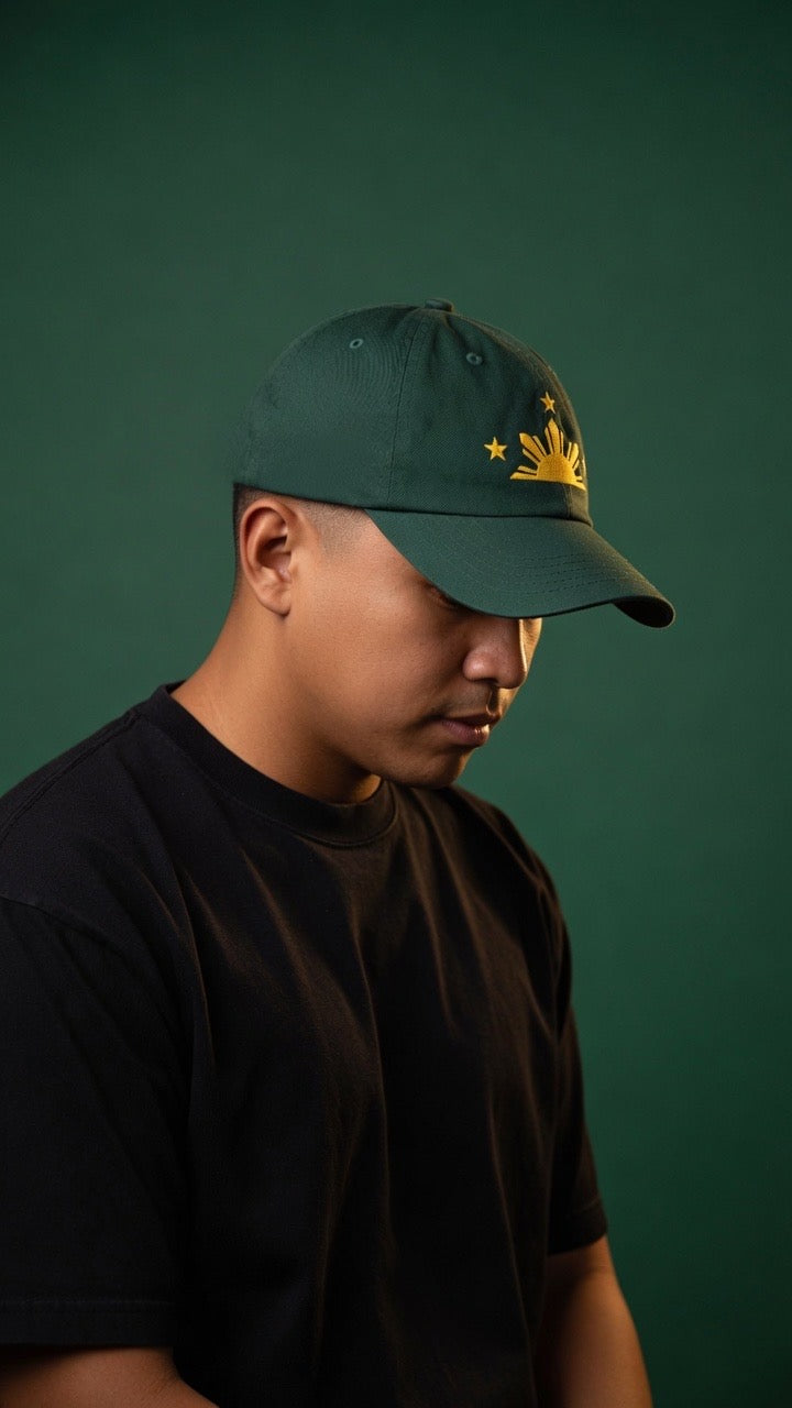 SUN & THREE STARS + SCRIPT on green hat