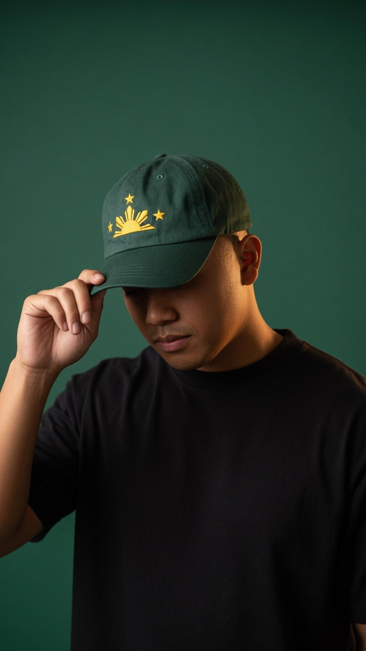 SUN & THREE STARS + SCRIPT on green hat