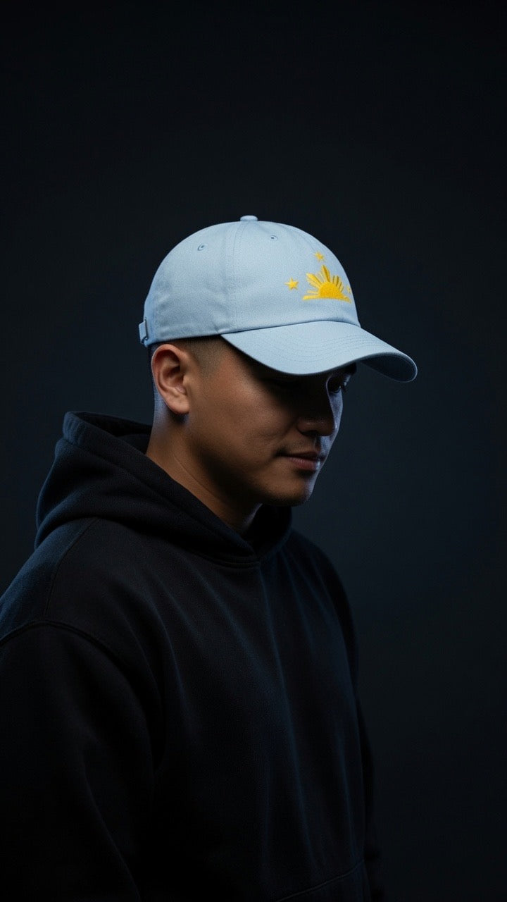 SUN & THREE STARS on light blue hat