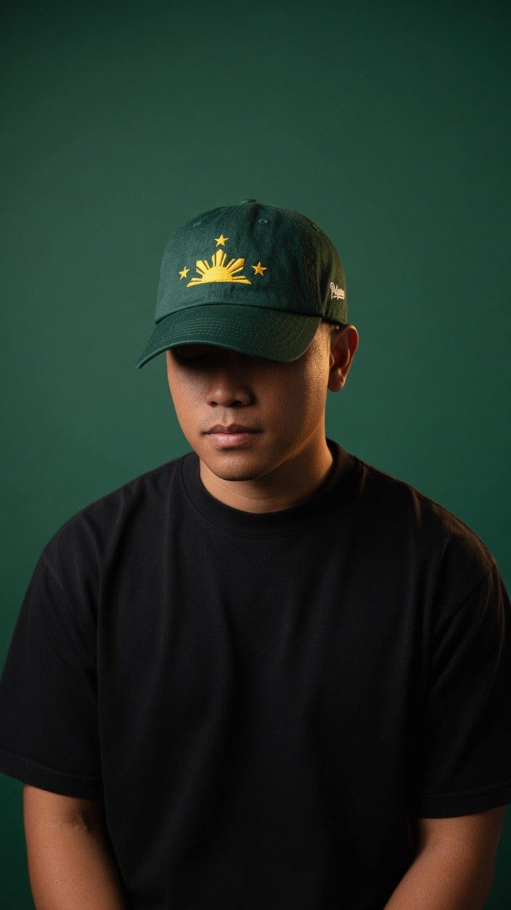 SUN & THREE STARS + SCRIPT on green hat