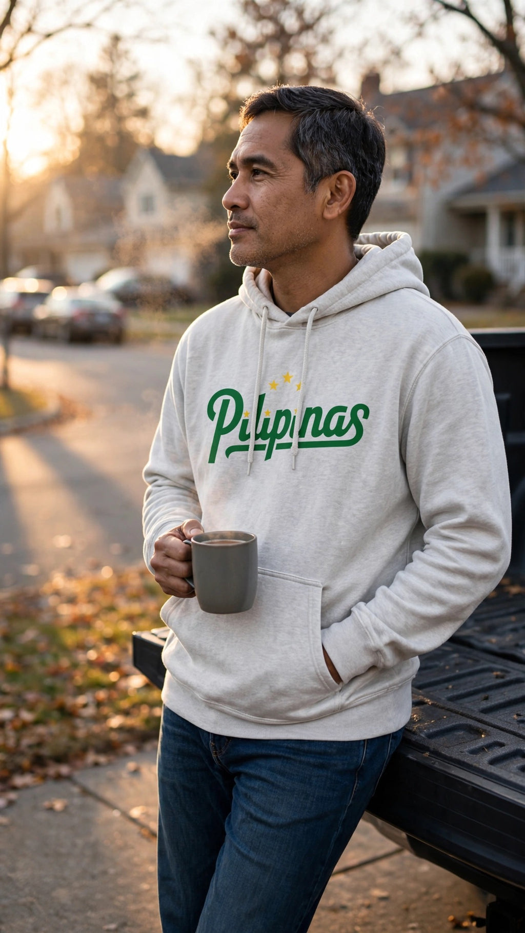 PILINAS MIT DREI STERNEN + SONNE & DREI STERNEN auf unisex grauem Kapuzenpullover