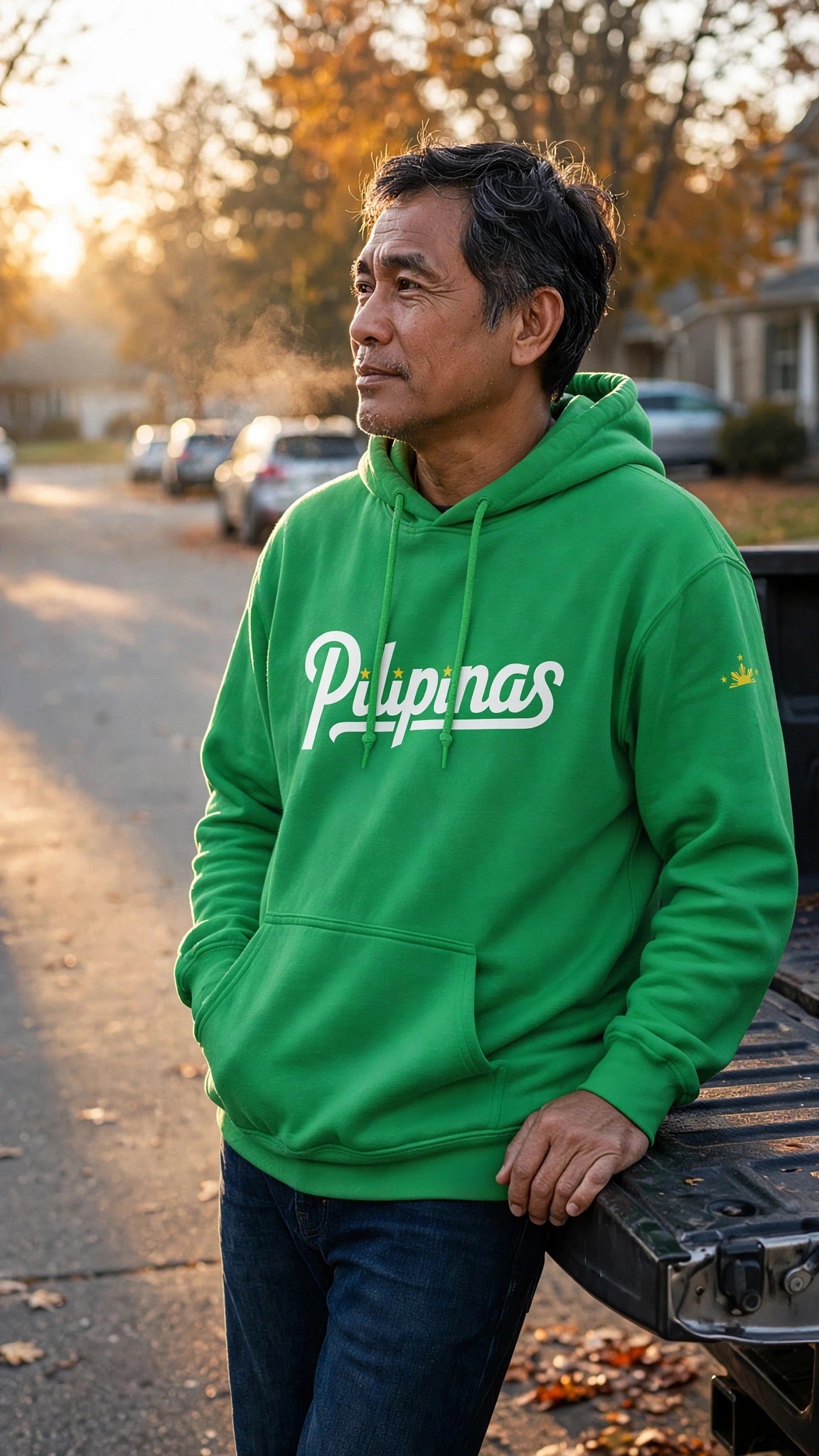 PILINAS MIT DREI STERNEN + SONNE & DREI STERNEN auf grünem Unisex-Kapuzenpullover