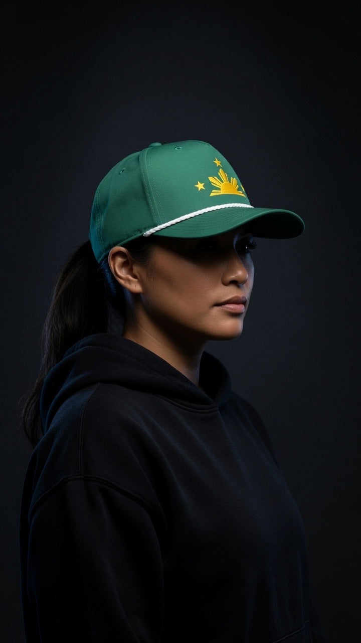 SUN & THREE STARS + PILIPINAS SCRIPT on green rope cap