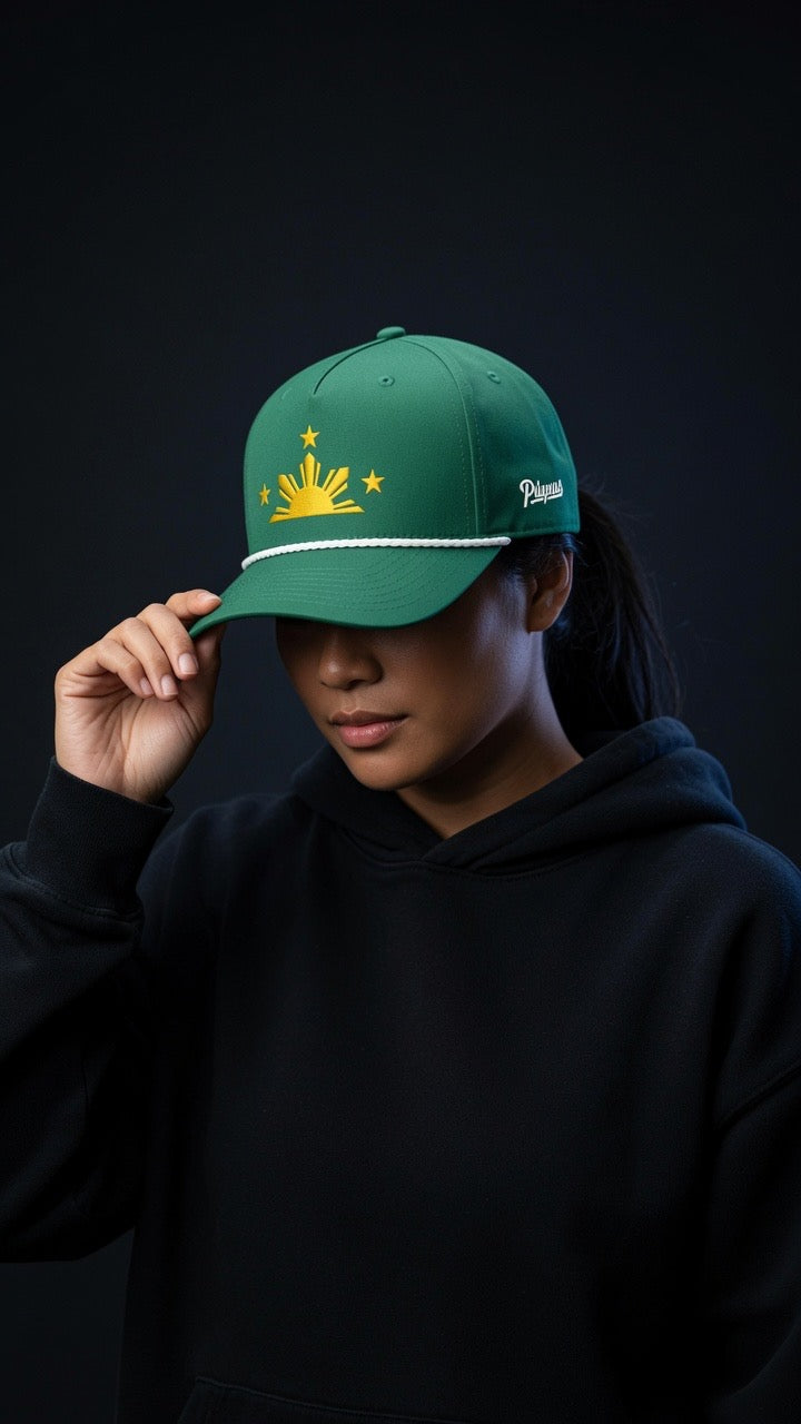 SUN & THREE STARS + PILIPINAS SCRIPT on green rope cap
