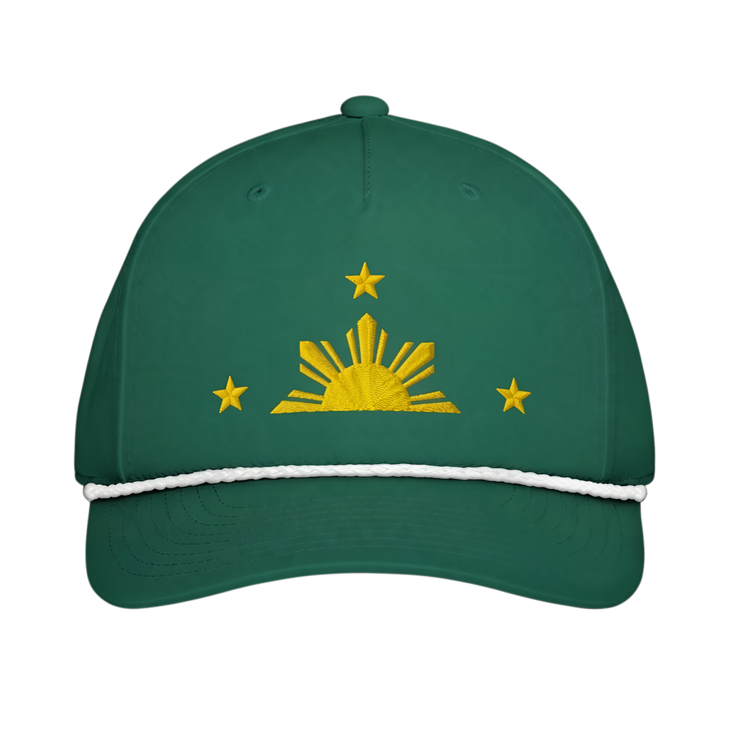 SUN & THREE STARS + PILIPINAS SCRIPT on green rope cap