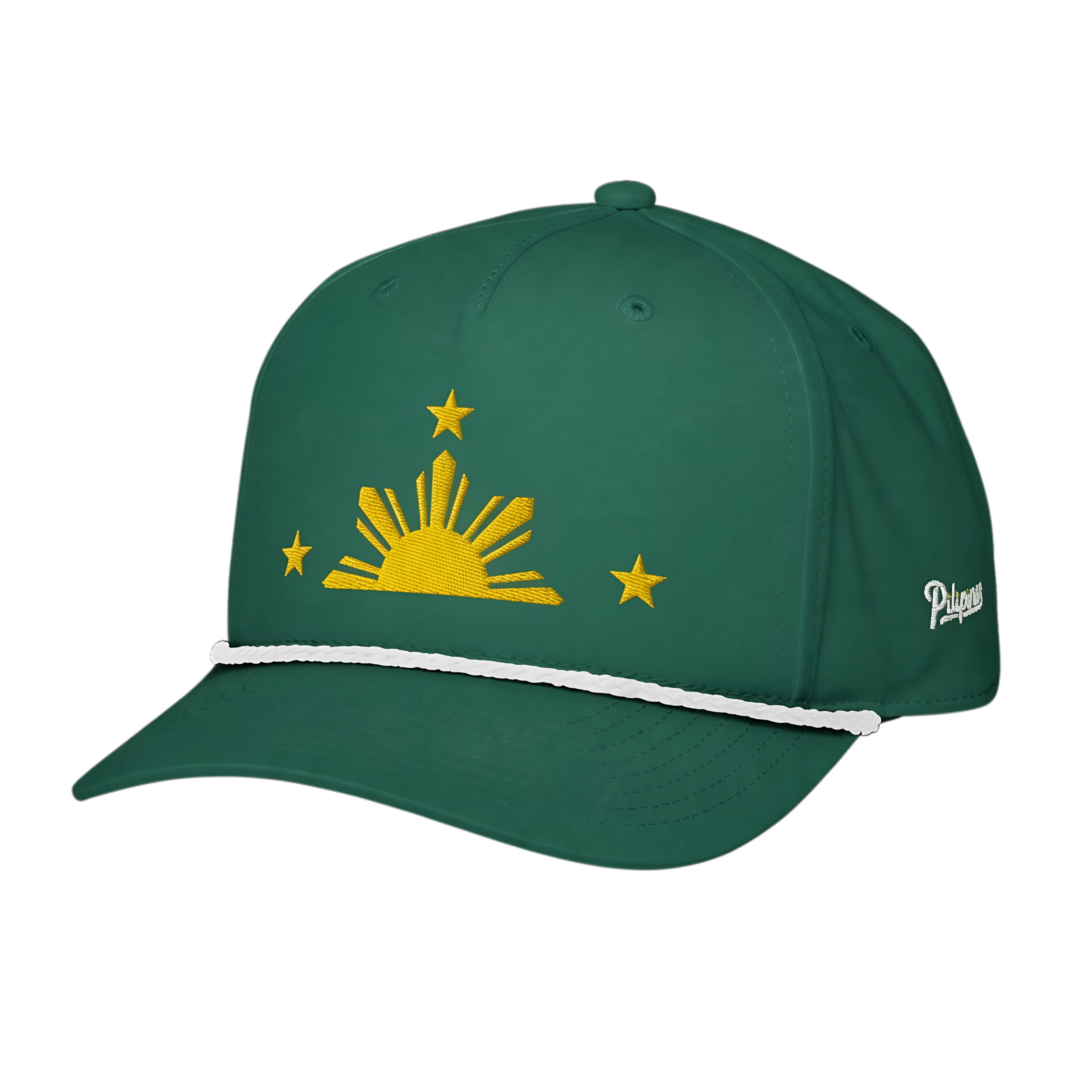SUN & THREE STARS + PILIPINAS SCRIPT on green rope cap