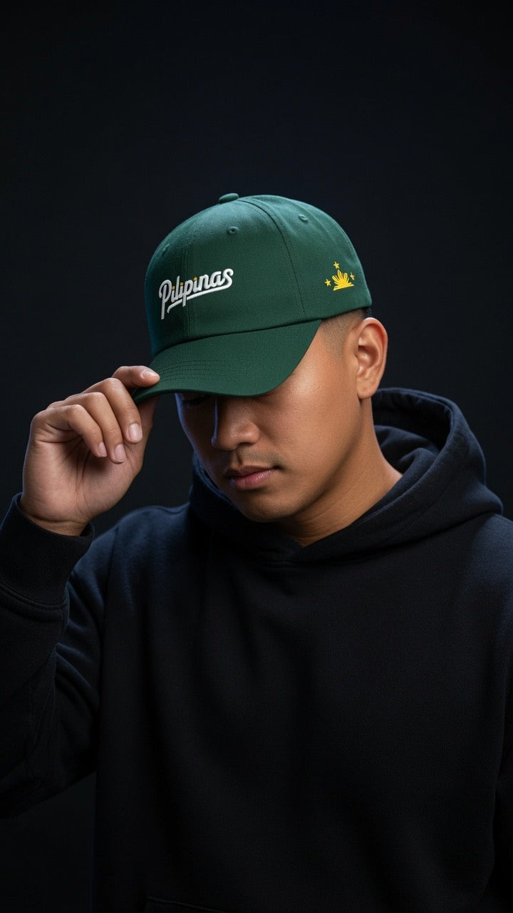 SCRIPT + SUN & THREE STARS on green hat